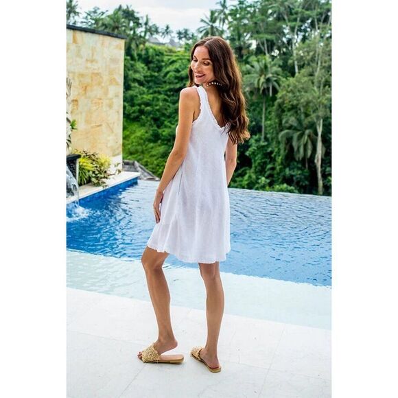 Julie Miles A-Line Frill Linen Dress Womens Medium White Sleeveless - Picture 3 of 13